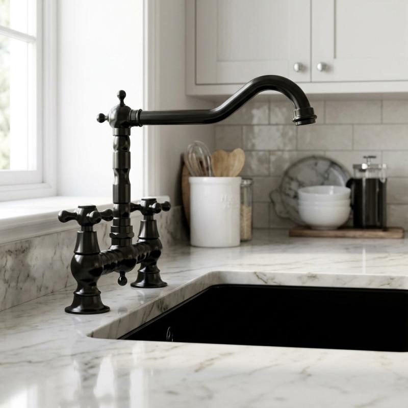 Aquanello Heritage Ascot Klassieke Keuken Nostalgische Brug Keukenkraan Zwart met Kruishendels BL-0011-HM